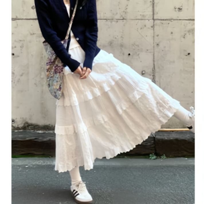 スカート ティアード レース切替ティアードロングスカート