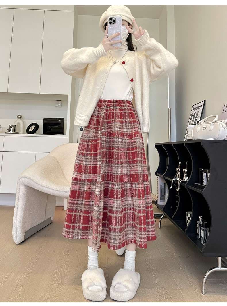 スカート ティアード ゆるふわチェックティアードロングスカート