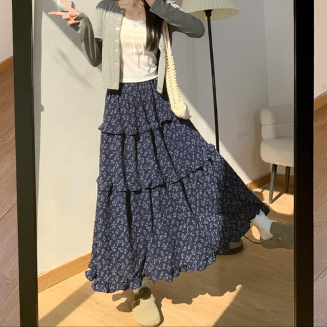 スカート ティアード 花柄ティアードフリルロングスカート