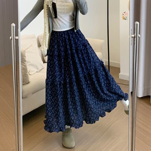 スカート ティアード 花柄ティアードフリルロングスカート