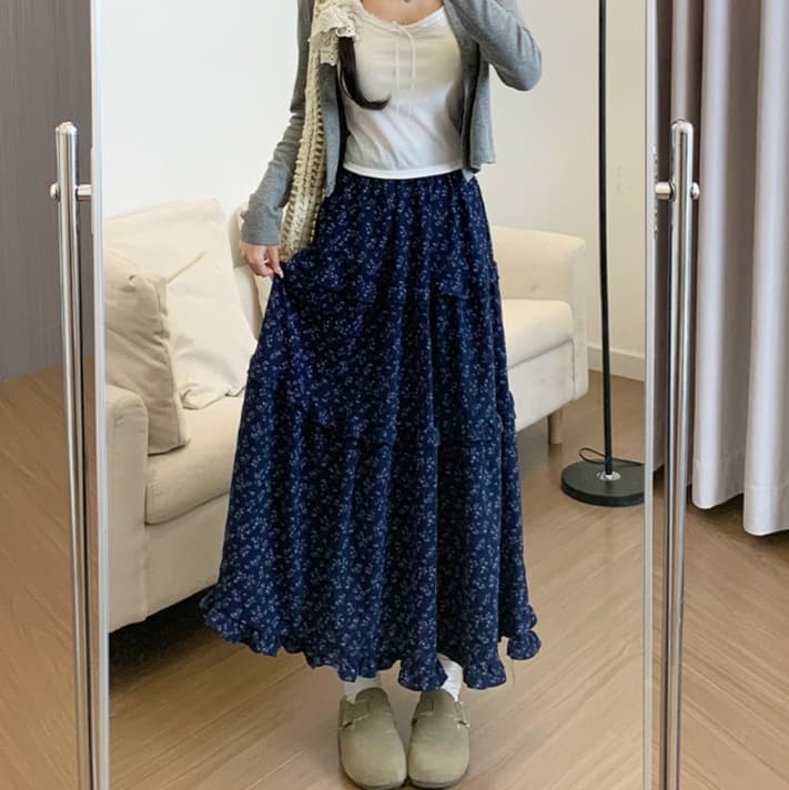 スカート ティアード 花柄ティアードフリルロングスカート